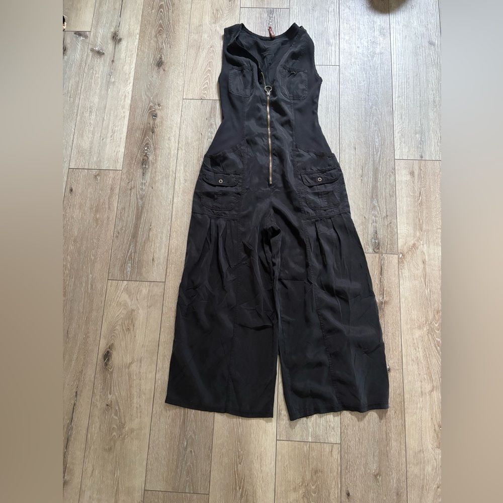 XCVI Black Wide-Leg Jumpsuit with Front Zip and Patch Pockets